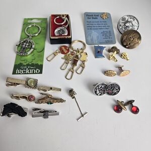20 Piece Bundle of Men Tie Tacks Cuff Links Pins Keychain Gold Silver Jewel Tone